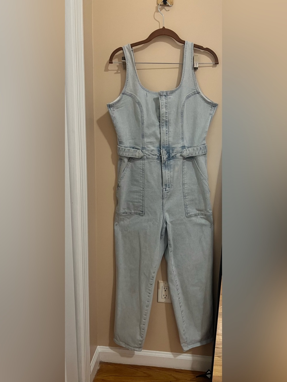 Good American: Light Wash Denim Jumpsuit - Sleeveless Utility Style